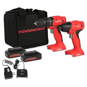 POWERWORKS 20V Cordless Drill/Driver and Impact Driver Combo Kit with (2) Batteries, Charger, and for $60