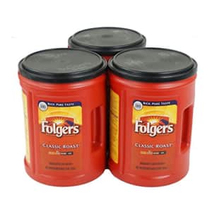 Folgers Classic Roast Coffee, Medium Roast, 48 Ounce Canister, 3 Pack for $74 Folgers Classic Roast Coffee, Medium Roast, 48 Ounce Canister, 3 Pack for $74