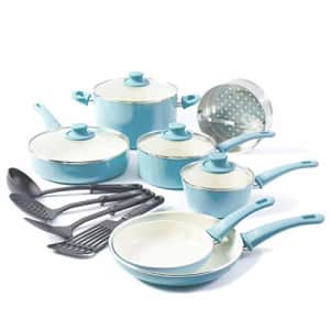 GreenLife Soft Grip 15 Piece Ceramic Non-Stick Induction Cookware Set, Turquoise for $70