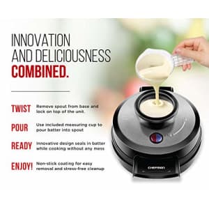 Chefman Perfect Pour Volcano Belgian Waffle Maker w/No Overflow Design Round Iron for Mess-Free for $66