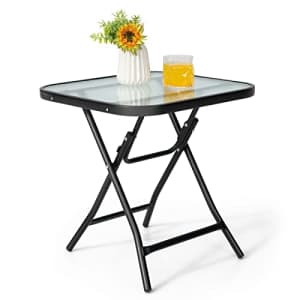 Giantex Folding Side Table, Square Small Patio Table, Tempered Glass Tabletop, Steel Frame, for $70