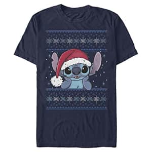 Disney Men's Lilo & Stitch Holiday Stitch Wearing Santa Hat T-Shirt, Navy Blue, Medium for $22