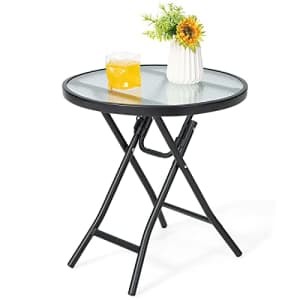 Giantex Folding Side Table, Round Small Patio Table, Tempered Glass Tabletop, Steel Frame, for $70