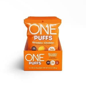 O.N.E. ONE PUFFS, Shreddin' Cheddar Flavor, 14g of Protein, Protein Snacks for On the Go, 150 Calories per for $29 O.N.E. ONE PUFFS, Shreddin' Cheddar Flavor, 14g of Protein, Protein Snacks for On the Go, 150 Calories per for $29