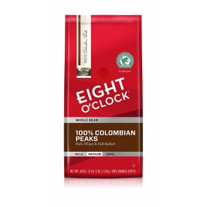 Eight O'Clock Coffee Whole Bean Coffee 100% Colombian Peaks 40-oz. Bag for $12 Eight O'Clock Coffee Whole Bean Coffee 100% Colombian Peaks 40-oz. Bag for $12