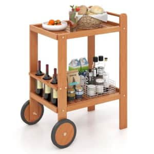 Tangkula Wood Bar Cart, Outdoor Indoor 2 Tier Rolling Serving Cart with Wine Bottle Holders and 2 for $82