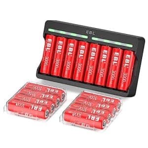 EBL Rechargeable Lithium AA Batteries, 3000mWh 1.5V Double A Battery 16 Pack and 8-Bay AA AAA for $43