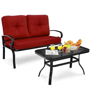 Giantex Patio Loveseat with Coffee Table Outdoor Bench with Cushion and Metal Frame, Loveseat Porch for $180