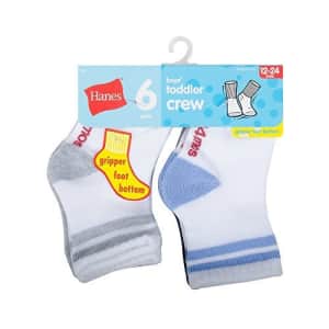 Hanes Boys' Toddler Crew Non-Skid Socks, White/Gray, 12-24 Months for $17