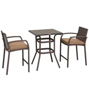 Outsunny 3 PCS Rattan Wicker Bar Set with Wood Grain Top Table and 2 Bar Stools for Outdoor, Patio, for $230