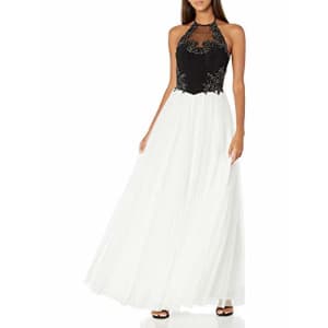 Blondie Nites Women's Long Halter Applique Mesh Ballgown, Black/Ivory, 7 for $106