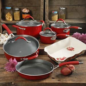 The Pioneer Woman Vintage Speckle 10-Piece Non-Stick Pre-Seasoned Cookware Set (Red) for $121 The Pioneer Woman Vintage Speckle 10-Piece Non-Stick Pre-Seasoned Cookware Set (Red) for $121