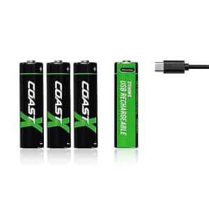 Coast AA USB-C Rechargeable Batteries, ZITHION-X, Lithium Ion 1.5v 2400 mAh, Long Lasting, Charges for $30