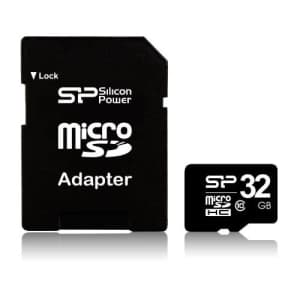 Silicon Power 32GB MicroSDHC Class 10 Memory Card with SD Adapter (SP032GBSTH010V10-SP) for $8