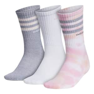 adidas womens 3-Stripe Crew Socks (3-Pair), Vapour Pink/Frost Pink/White, Medium for $20