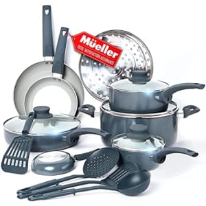Mueller 16-Piece Nonstick Stone Cookware Set - PFOS/PFOA-Free, Stainless Steamer and Fry Pan, for $56 Mueller 16-Piece Nonstick Stone Cookware Set - PFOS/PFOA-Free, Stainless Steamer and Fry Pan, for $56
