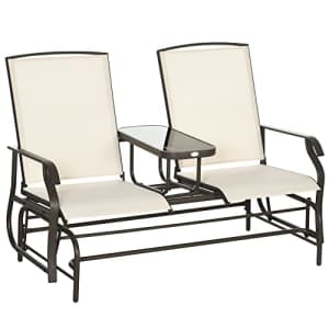 Outsunny Outdoor Glider Bench with Center Table, Metal Frame Patio Loveseat with Breathable Mesh for $140 Outsunny Outdoor Glider Bench with Center Table, Metal Frame Patio Loveseat with Breathable Mesh for $140