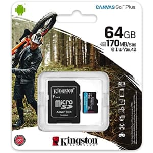 Kingston 64GB microSDXC Canvas Go Plus 170MB/s Read UHS-I, C10, U3, V30, A2/A1 Memory Card + for $11