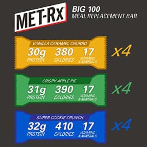 MET-Rx Big 100 Colossal Protein Bars Variety Pack, Super Cookie Crunch, Vanilla Caramel Churro, and for $70