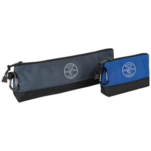 Klein Tools 55559 Stand-Up Zipper Bag Tool Pouch with Carabiners, 7-Inch Blue and 14-Inch Gray for $15