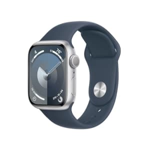 Apple Watch Series 9 [GPS 41mm] Smartwatch with Silver Aluminum Case with Storm Blue Sport Band for $300