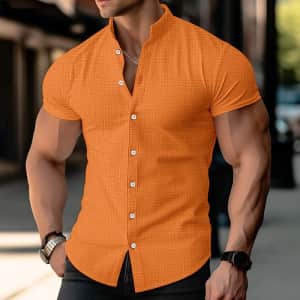 Men's Band Collar Linen Shirt for $8