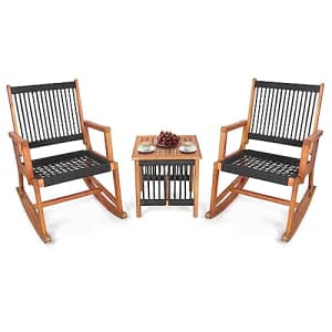 Tangkula 3 Pieces Acacia Wood Rocking Bistro Set, All-Weather Rope Woven Patio Furniture Set with for $200