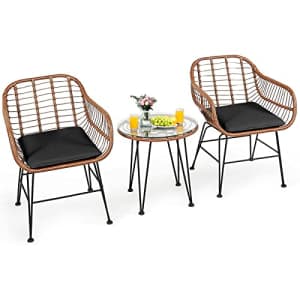 Tangkula 3 Pieces Patio Conversation Bistro Set, Outdoor Wicker Furniture w/Round Tempered Glass for $170