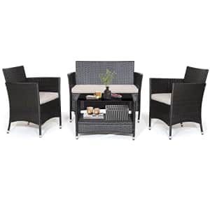 Tangkula 4 Pieces Patio Furniture Set, Patiojoy Outdoor PE Wicker Conversation Set with Soft for $190