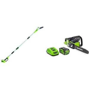 Greenworks Outdoor Tools at Amazon. Pictured is the Greenworks 8ft 40V Cordless Pole Saw with 16" 40V Cordless Chainsaw for $258.71 ($230 off).