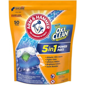 Arm & Hammer Plus OxiClean HE 5-in-1 Laundry Detergent 50-Count Power Paks for $7 Arm & Hammer Plus OxiClean HE 5-in-1 Laundry Detergent 50-Count Power Paks for $7