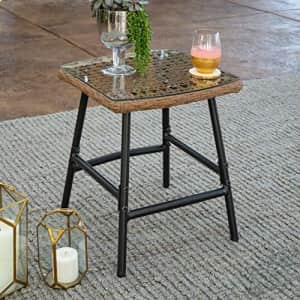 Walker Edison Estrella Modern Rattan Patio Accent Table with Glass Top, 18 Inch, Natural for $72