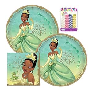 Disney Princess Tiana Party Supplies Pack Serves 16: 9" Plates and Napkins with Birthday Candles - for $20