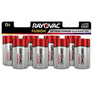 Rayovac Fusion D Batteries, Premium Alkaline D Cell Batteries (8 Battery Count) for $19 Rayovac Fusion D Batteries, Premium Alkaline D Cell Batteries (8 Battery Count) for $19