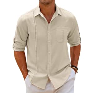 Coofandy Men's Cuban Guayabera Linen Shirt for $10