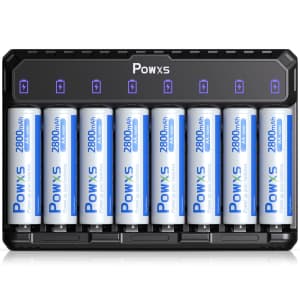 Powxs Rechargeable AA 2,800mAh Batteries 8-Pack with Charger for $15 Powxs Rechargeable AA 2,800mAh Batteries 8-Pack with Charger for $15