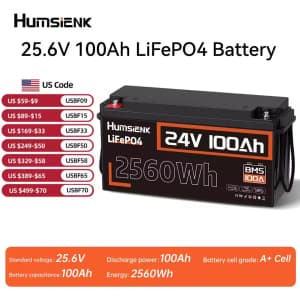 Humsienk 24V 2,560W 100Ah LiFePO4 Battery for $223 Humsienk 24V 2,560W 100Ah LiFePO4 Battery for $223