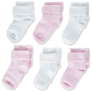 Amazon Essentials Unisex Babies' Cotton Turn Cuff Socks Sockshosiery, Pack of 6, Pink/White, Solid, for $9