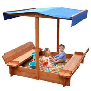 Funtok 48" x 48" Wooden Sandbox w/ UV-Resistant Canopy & Bench Seats for $129