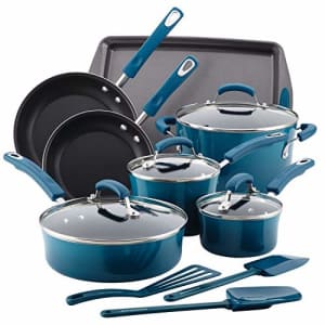 Rachael Ray Brights Nonstick Cookware Pots and Pans Set, 14 Piece, Marine Blue for $135 Rachael Ray Brights Nonstick Cookware Pots and Pans Set, 14 Piece, Marine Blue for $135