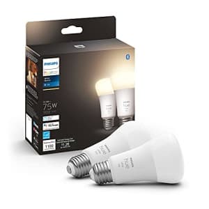Philips Hue 2-Pack White A19 Medium Lumen Smart Bulb, 1100 Lumens, Bluetooth & Zigbee Compatible for $24