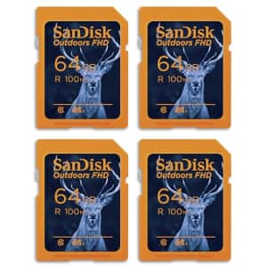 SanDisk 64GB 4-Pack Outdoors FHD SDXC UHS-I Memory Card (4x64GB)- Up to 100MB/s, C10, Trail Camera for $70 SanDisk 64GB 4-Pack Outdoors FHD SDXC UHS-I Memory Card (4x64GB)- Up to 100MB/s, C10, Trail Camera for $70