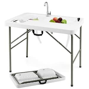 Goplus Folding Fish Cleaning Table with Dual Water Basins, Heavy Duty Fillet Table with Hose Hook for $96