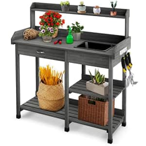 Giantex Potting Bench Table, Wood Garden Work Table with Sink Drawer Hooks and 3 Storage Shelves, for $130