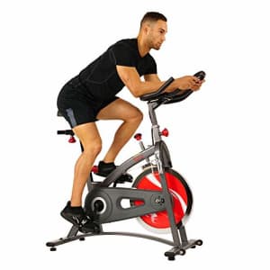 Sunny Health & Fitness Spin Bike Belt Drive Indoor Cycling Bike with LCD Monitor, 40 lb Chrome for $300