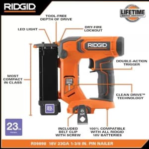 RIDGID 18V Cordless 23-Gauge 1-3/8 in. Headless Pin Nailer (Tool Only) R09898B for $159