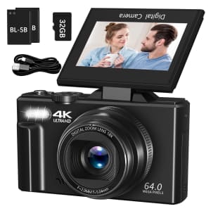 Saneen 64MP 4K Vlogging Digital Camera w/ 3" Flip Screen for $60