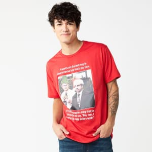 Men's Holiday Character Tees. It's early but these are discounted to a ridiculous price and available in the styles of several shows like The Office (pictured), Rick & Morty, and Friends.