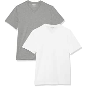 Amazon Essentials Men's Slim-Fit Short-Sleeve V-Neck T-Shirt, Pack of 2, Grey Heather/White, X-Large for $10