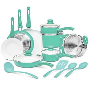 Ivation Ceramic Cookware | 16-Piece Nonstick Cookware Set with Induction Base, SoftGrip Handles & for $100